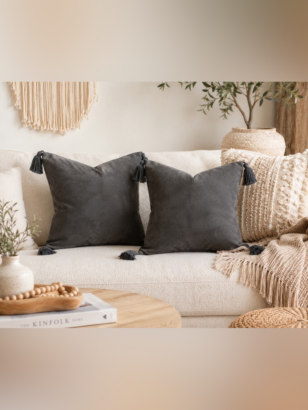 West Elm 16 x 16" Charcoal Leather Tassel PillowCover w/o Insert Suede Set 2 NWT